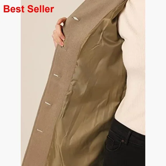 Polyester Pea Coat with Pockets Single Breasted Overcoat Winter